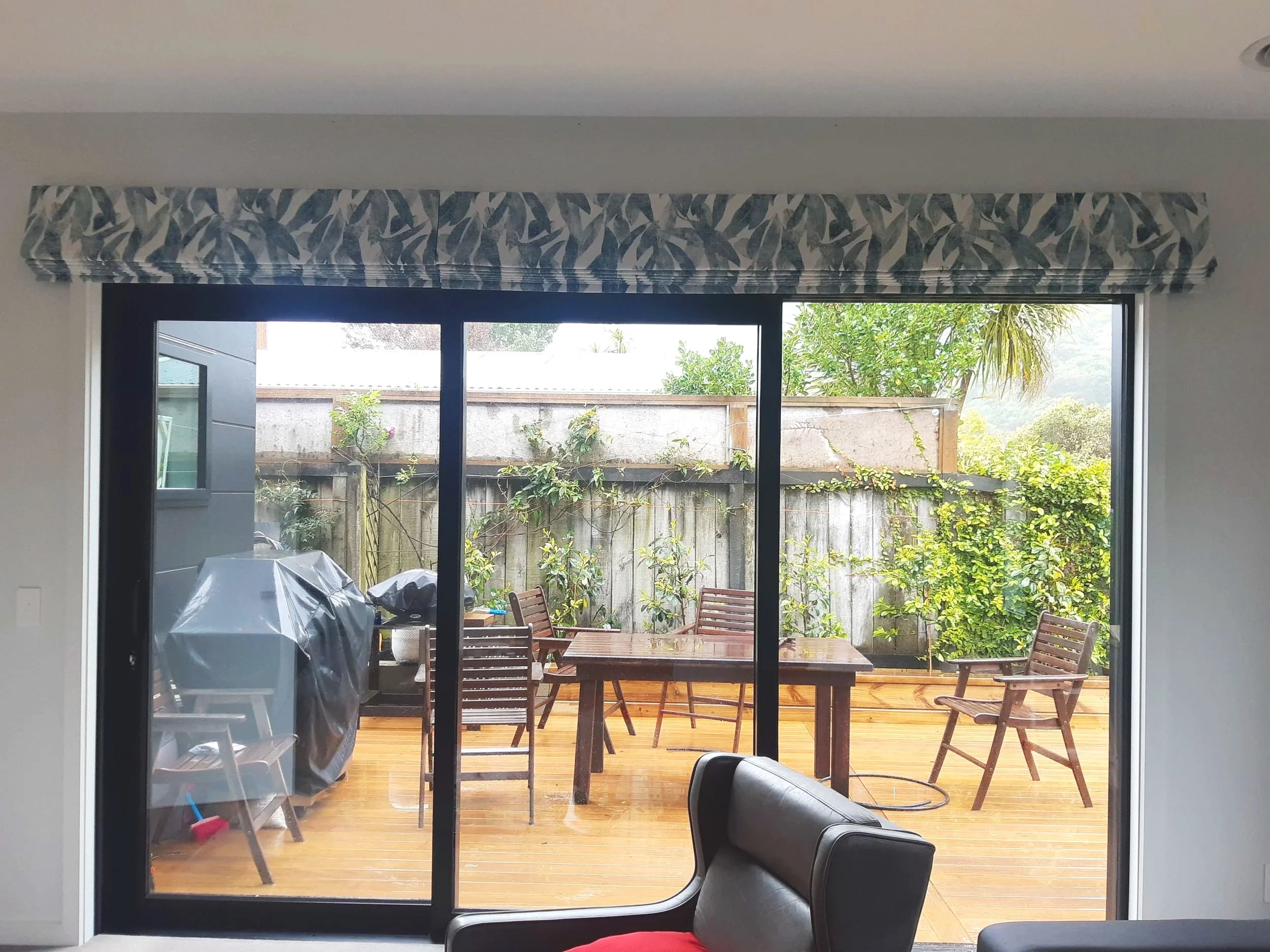 Remote controlled Roman Blinds, this is 2 blinds butted together so the client can either just come and go through the door or have both blinds up or down (Left 1/3 is one Blind, other 2/3's is the second blind)