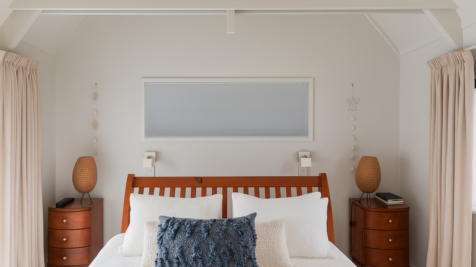 A neatly made bed with white linens, two white pillows, and a decorative blue throw pillow, flanked by wooden nightstands with lamps, in a clean, modern bedroom with minimalist decor and beige curtains.