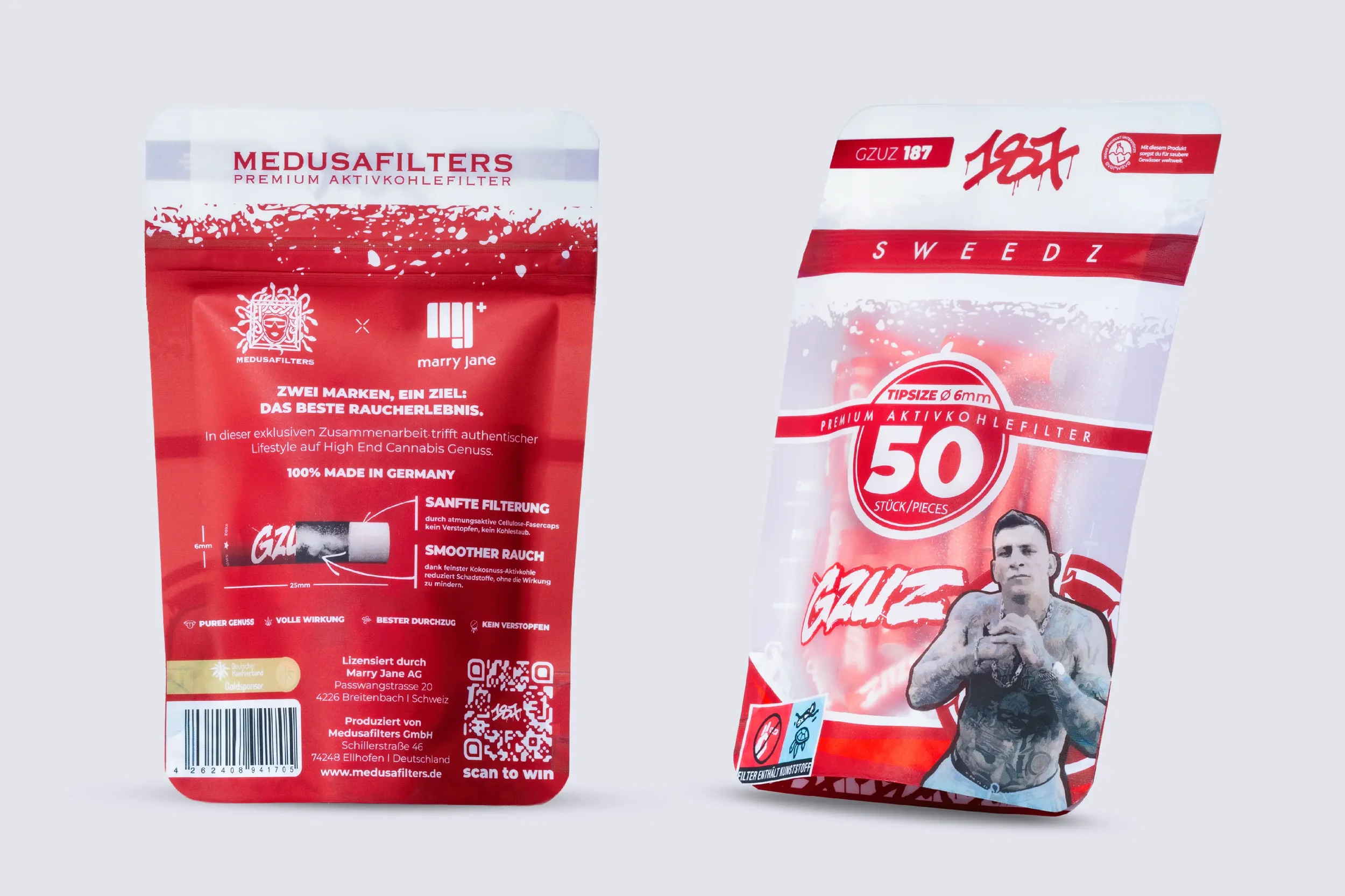 Zwei Zigarettenpackungen, eine von Medusa Filters und eine von GZU 187, mit roten und weißen Designs, auf einem weißen Hintergrund.