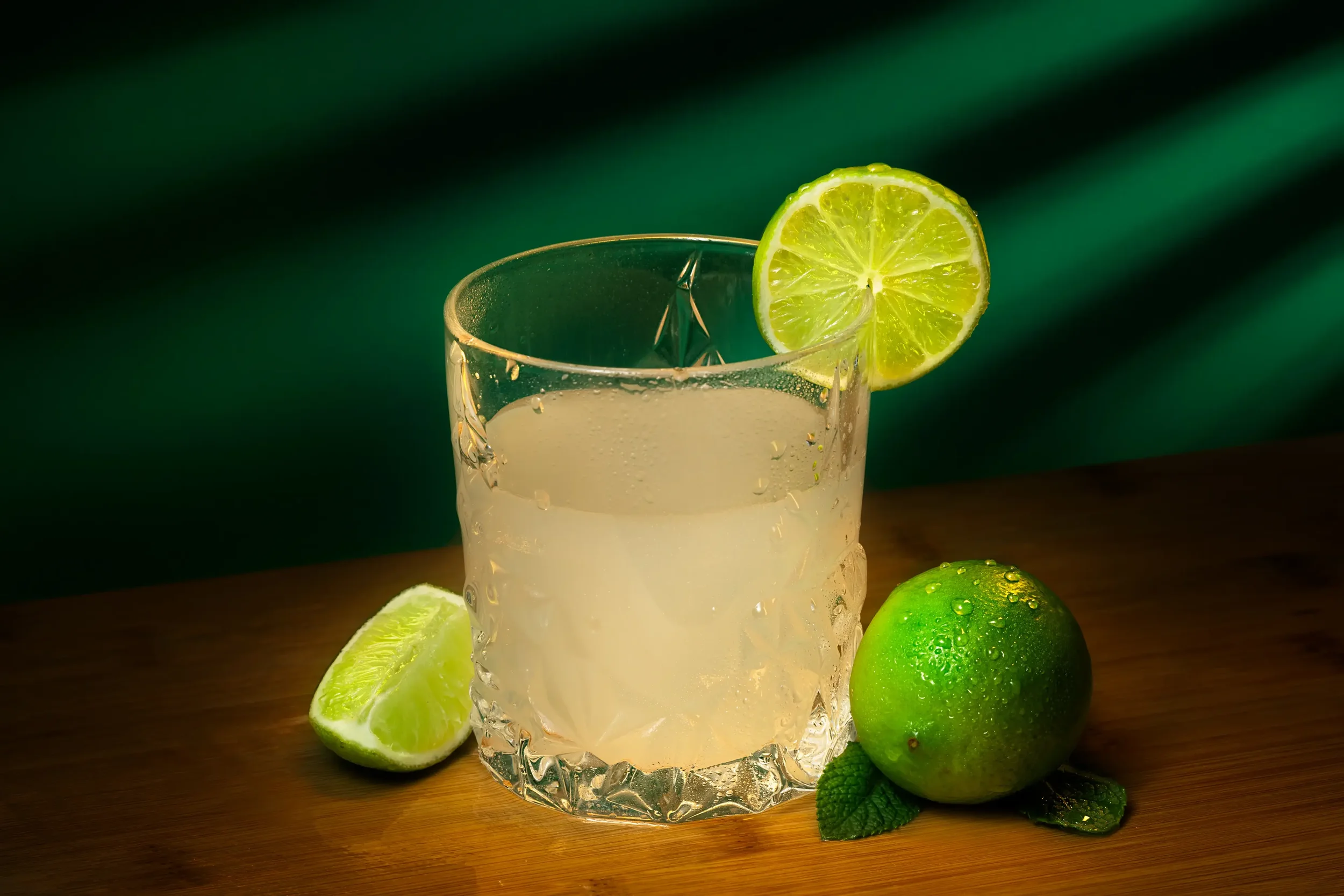 Ein Glas mit Zitronenlimonade, garniert mit einer Zitronenscheibe, auf einem Holztisch, daneben eine ganze Limette, eine Limettenscheibe und Minzblätter.