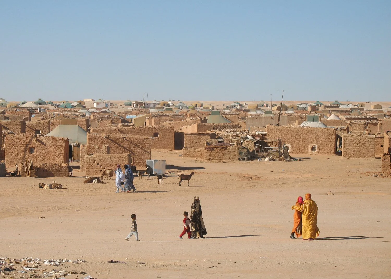 People walking in a desert town with mud brick buildings and camels around.