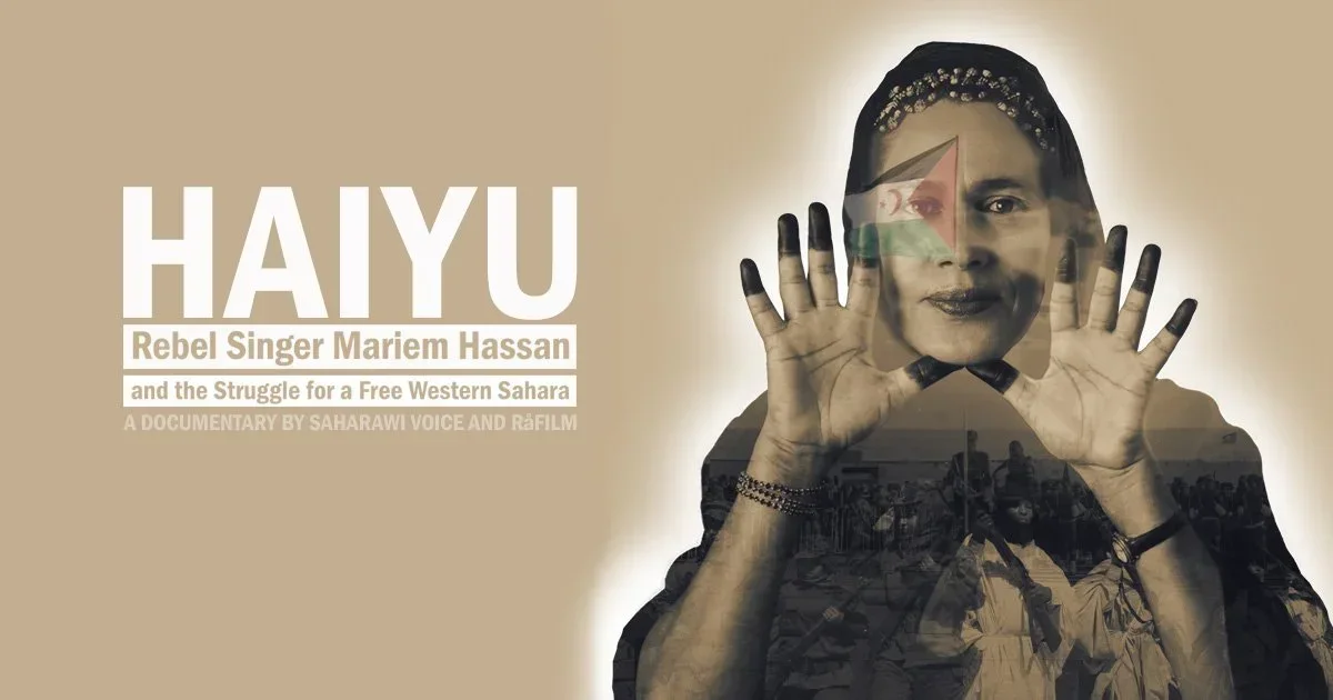 Poster for a documentary about Haiyu, rebel singer Mariem Hassan, featuring her black and white portrait with hands raised and an overlay of a crowd and Sahrawi flags.