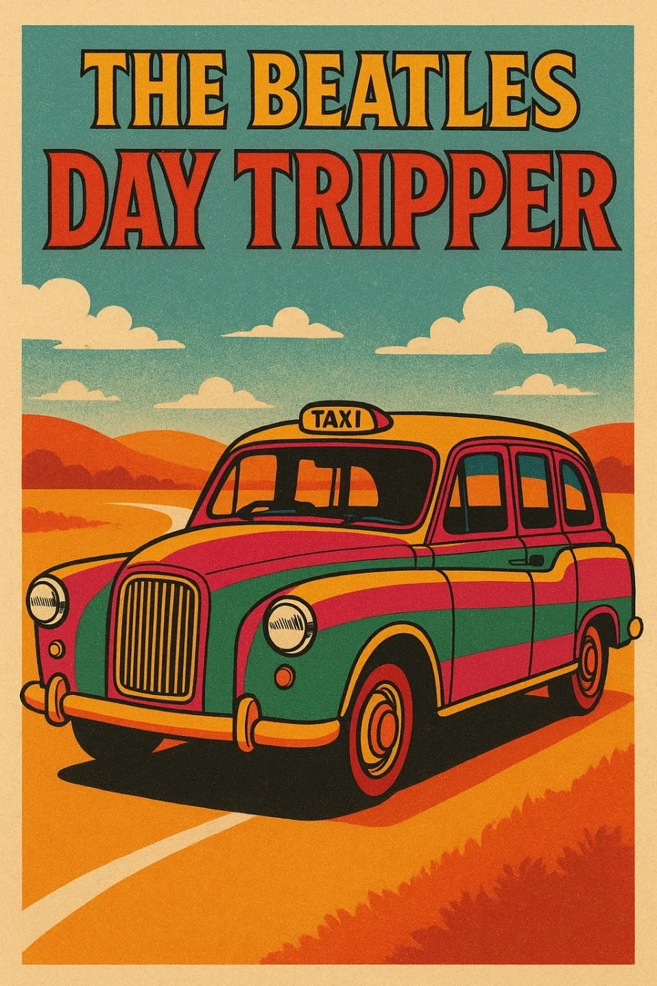 Cover art for The Beatles' album 'A Day in the Life,' featuring a colorful illustrated taxi cab driving through a desert landscape with hills and clouds in the background.