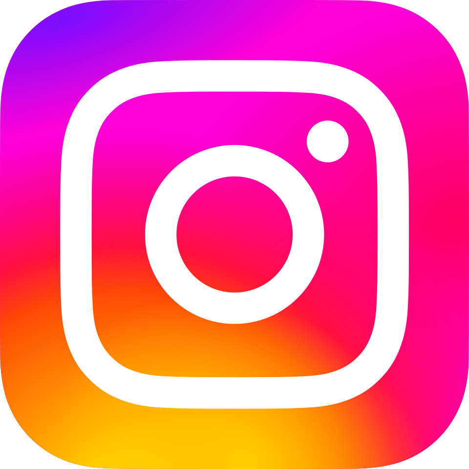 Instagram logo with a white camera outline on a rainbow gradient background.