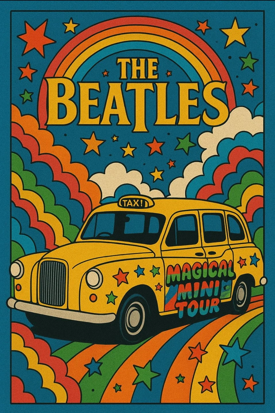 Colorful Woodstock-themed poster for the Beatles' Magical Mystery Tour showing a yellow taxi cab with rainbow-colored text on the side, surrounded by rainbow patterns, stars, clouds, and a large rainbow with the band's name at the top.