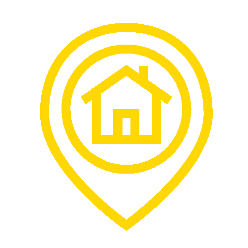 Yellow house icon inside location pin on a black background.