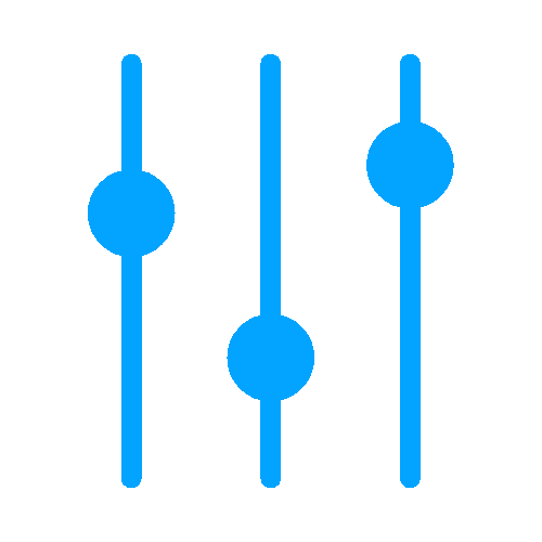 Digital audio mixing console sliders with blue handles.