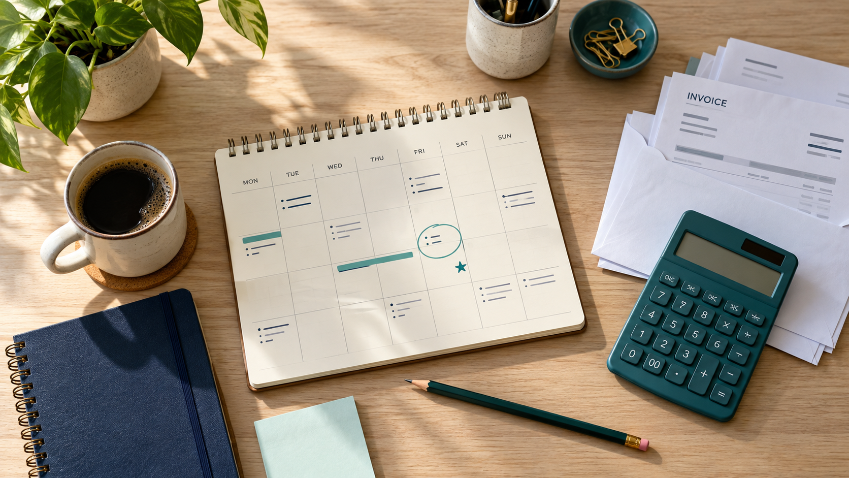Weekly cash-flow calendar, invoices and a teal calculator on a business planning desk