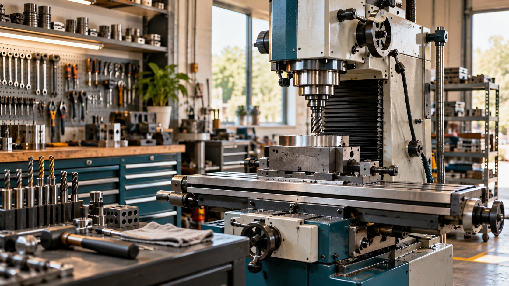 Industrial milling machine and organized tools in a small fabrication workshop