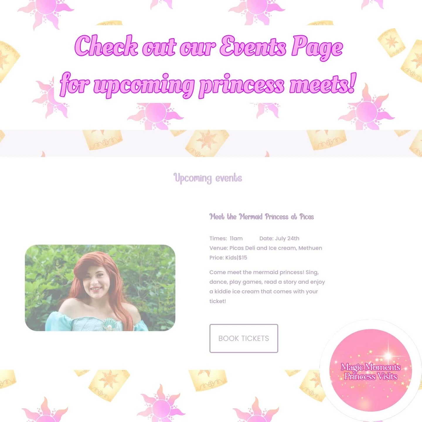✨🎉 Big News, Royal Friends! 🎉✨
Our brand new Events Page is officially LIVE on our website! 👑🩷 Now it&rsquo;s easier than ever to see where your favorite princesses will be making magical appearances next! From storytimes to royal meet-and-greets