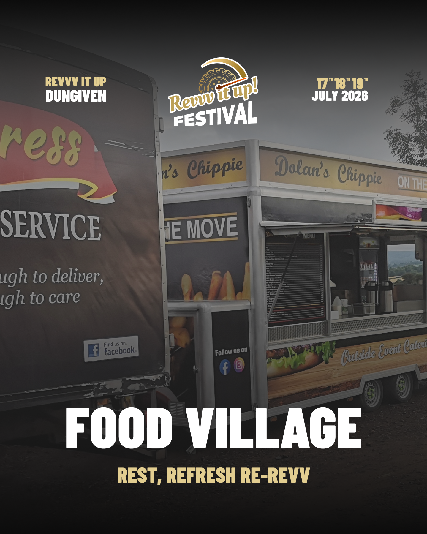 Festival poster advertising the Revvv It Up Festival Food Village, taking place July 17-19, 2026, featuring food trucks including Dolan's Chippie, with social media icons for Facebook and Instagram.