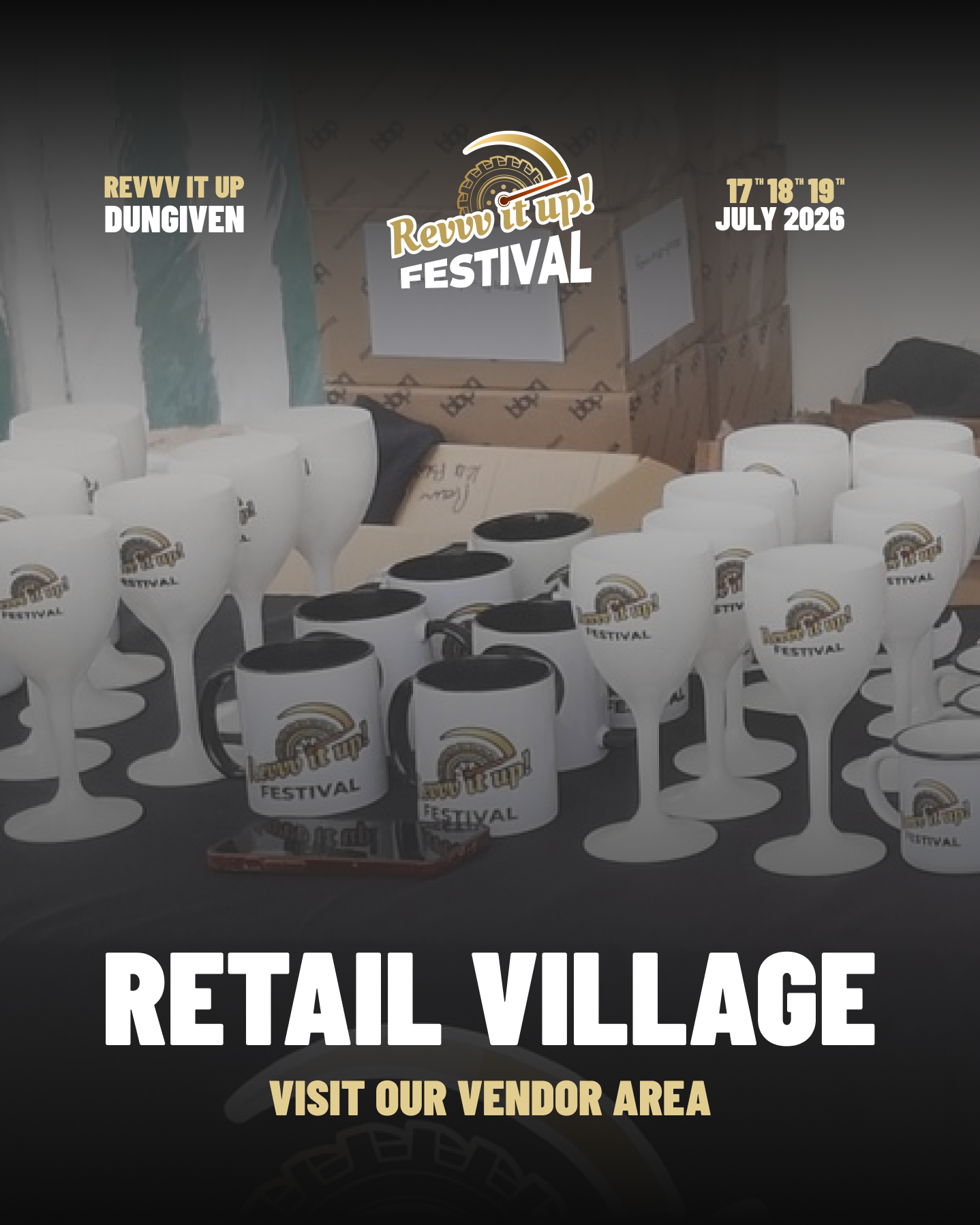 Table with branded cups and cans at the Revvv it up festival, Dungiven, July 2026.