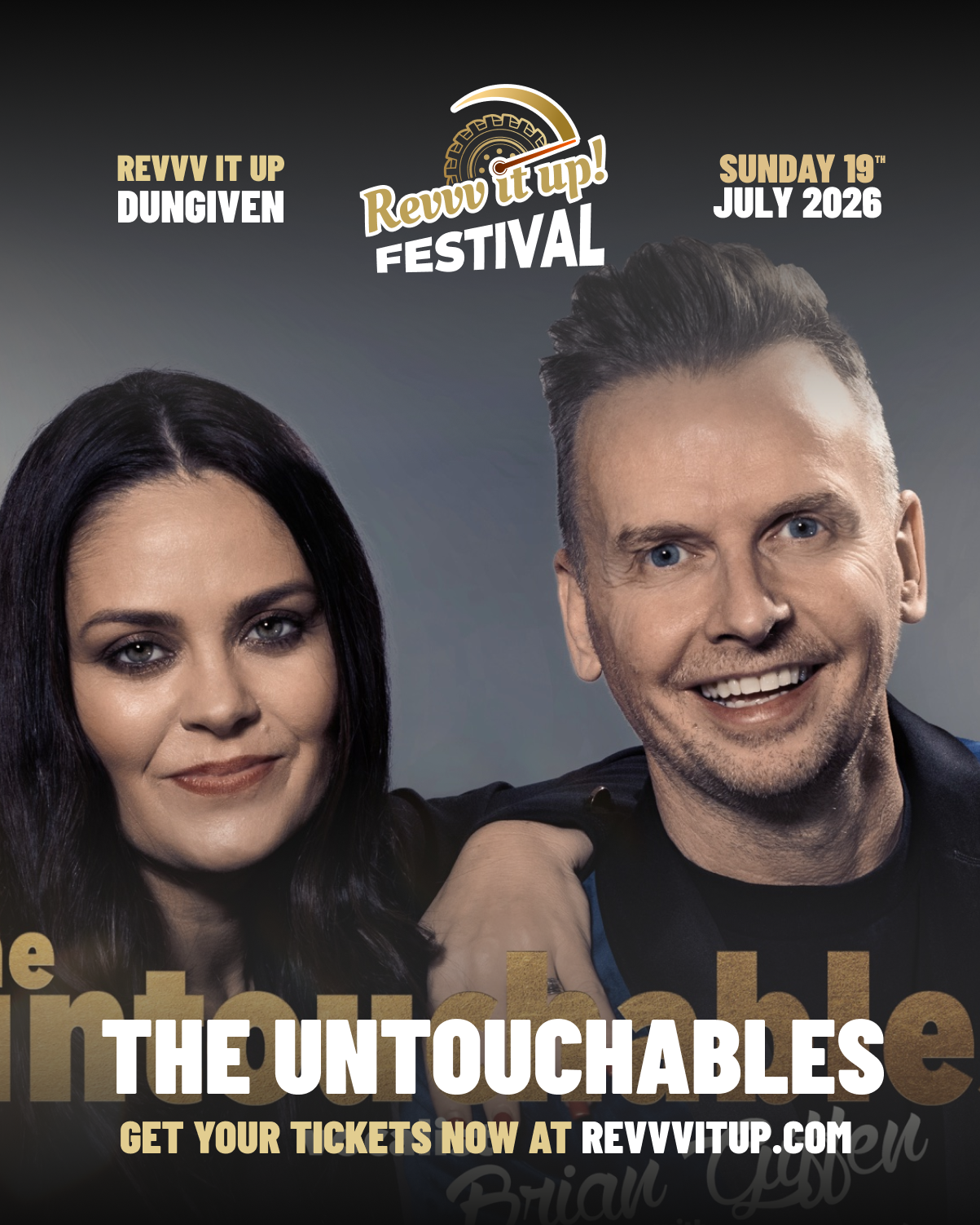 Promotional poster for the Revvv It Up Festival 2026 featuring The Untouchables, with images of two performers, event date July 19, 2026, at Dungiven.