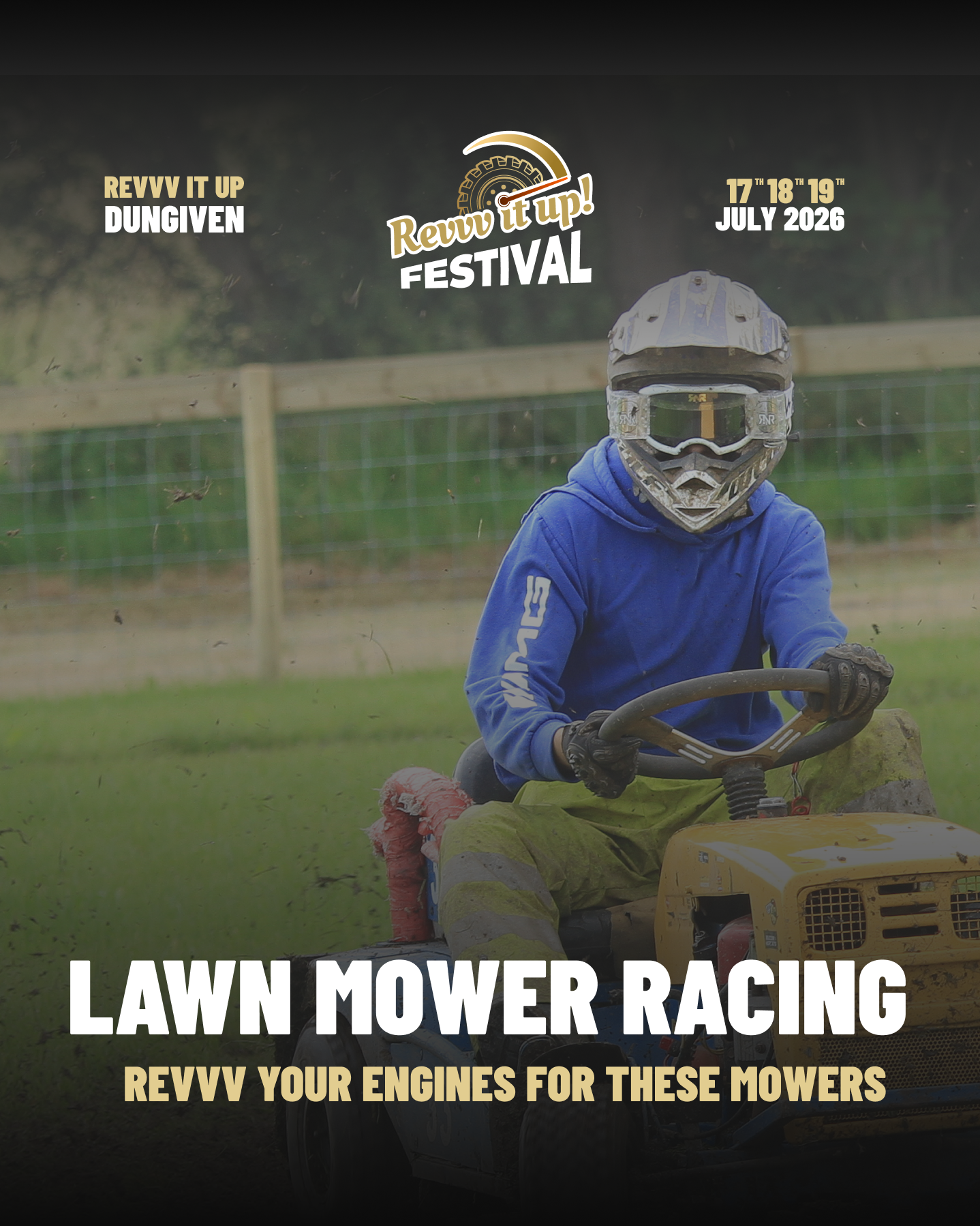 A person wearing a helmet and blue hoodie riding a lawn mower on a grassy field.