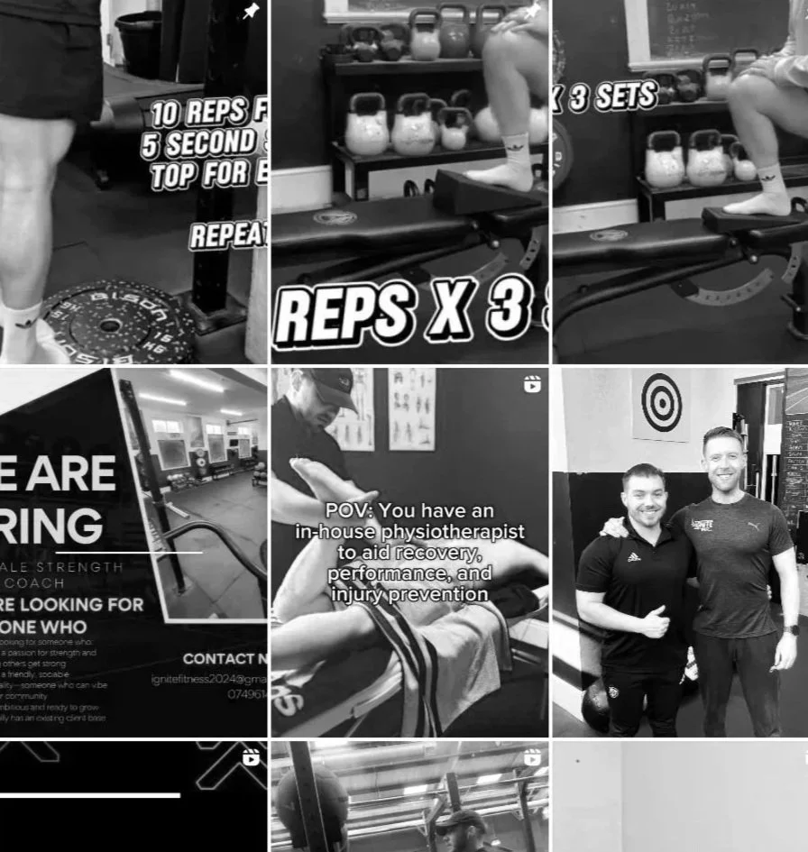 Six panels showing different gym scenes. The top row includes a person lifting weights with instructions for reps, a person sitting with legs crossed on a workout step, and a close-up of a weightlifting area. The middle row shows a gym space with cardio equipment, a trainer demonstrating an exercise to a client, and two smiling men standing together, one with a fist bump. The bottom row has additional gym scenes with equipment and a person working out.