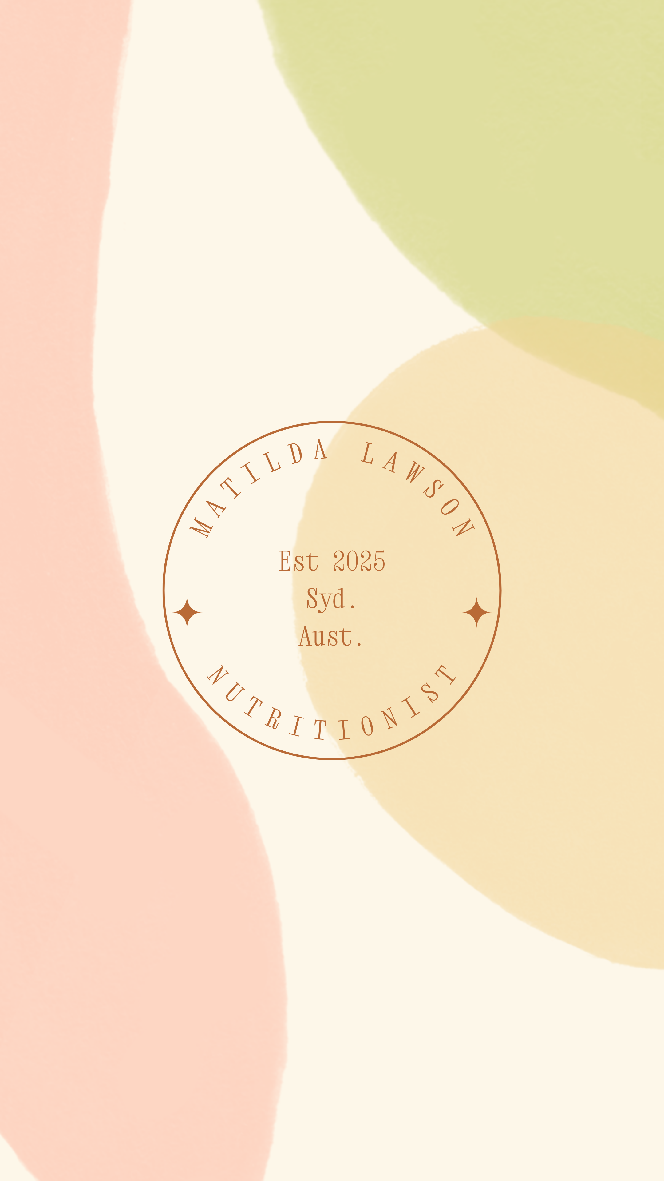 Design with abstract, colorful shapes and a circular text logo in the center reading 'Matilda Lawson Nutritionalist, Est 2025, Syd, Aust.'