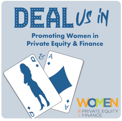 Poster promoting women in private equity and finance with playing cards featuring a silhouette of a woman and a spade symbol where Vasanta Pundarika was a guest on.