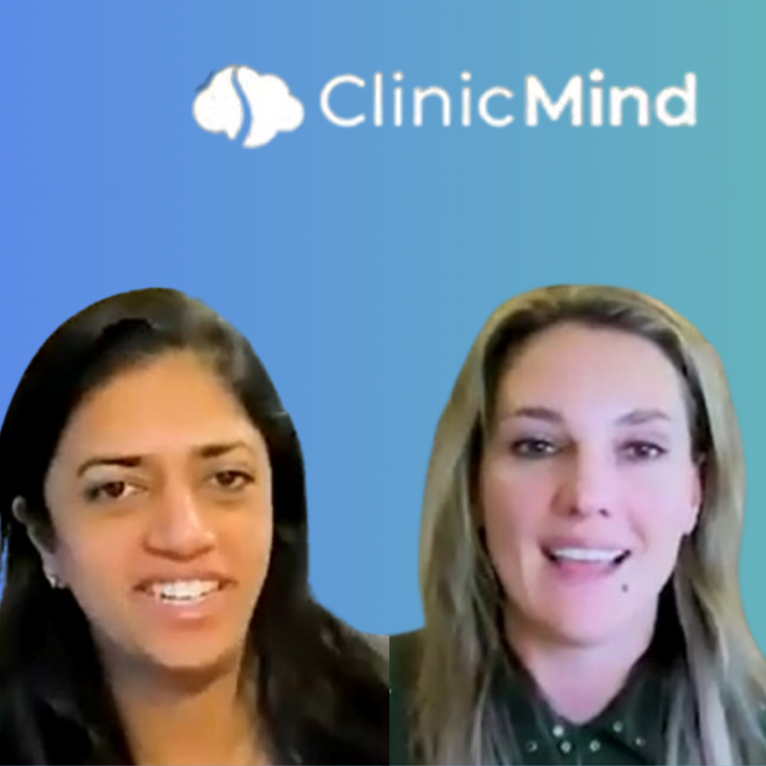 Vasanta Pundarika on ClinicMind's podcast smiling in front of a blue background with the ClinicMind logo and text.