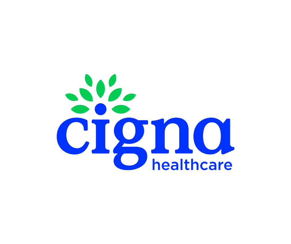 Cigna Healthcare logo with blue text and green leaf design