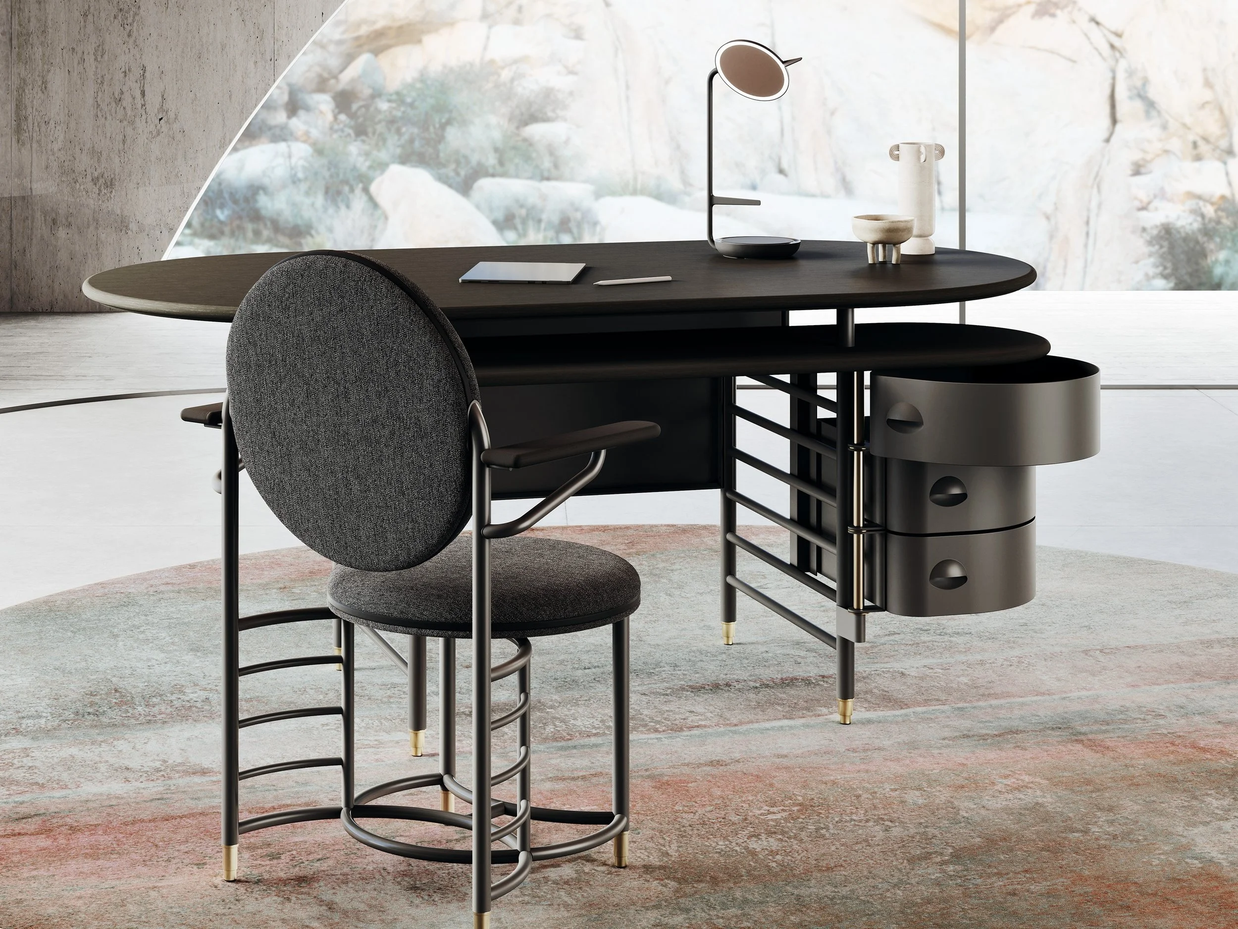 Modern workspace featuring Frank Lloyd Wright Collection with a round black desk, gray swivel chair, and decorative objects.