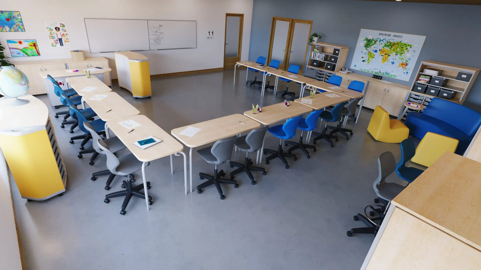 Classroom featuring furniture from Smith System with arranged desks, chairs, and storage cabinets.