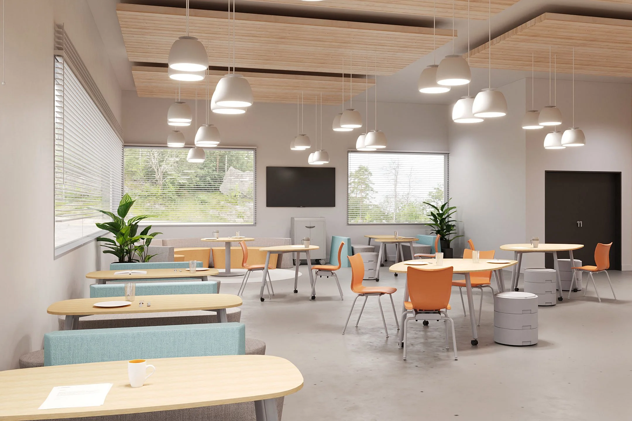 Modern dining area featuring round and rectangular tables with orange and blue chairs.
