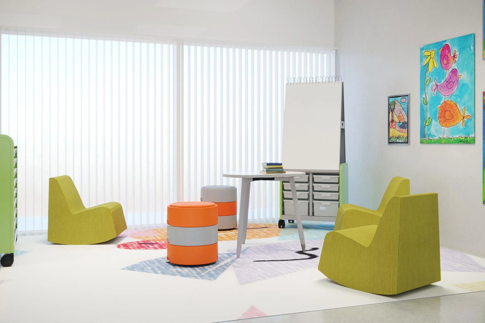 Colorful classroom featuring Smith System furniture, including yellow Flowform chairs, orange and gray Oodle stools, a table, whiteboard on a stand, and a mobile drawer unit.