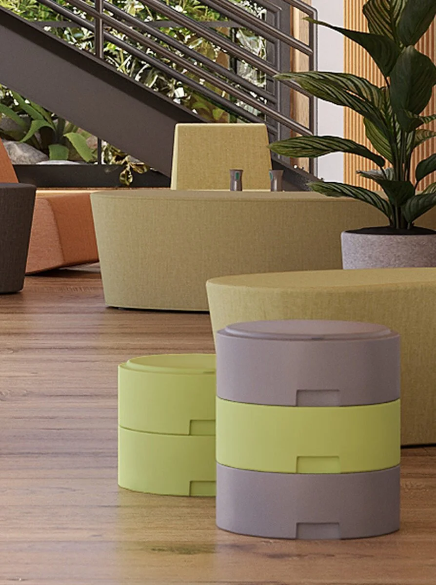 Modern classroom featuring educational furniture with round yellow and gray stacked Oodles seating by Smith System.