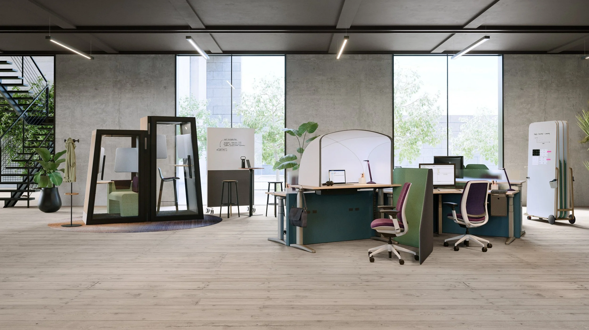 Modern open-plan office with desks, chairs, and workstations featuring individual PolyVision whiteboards.
