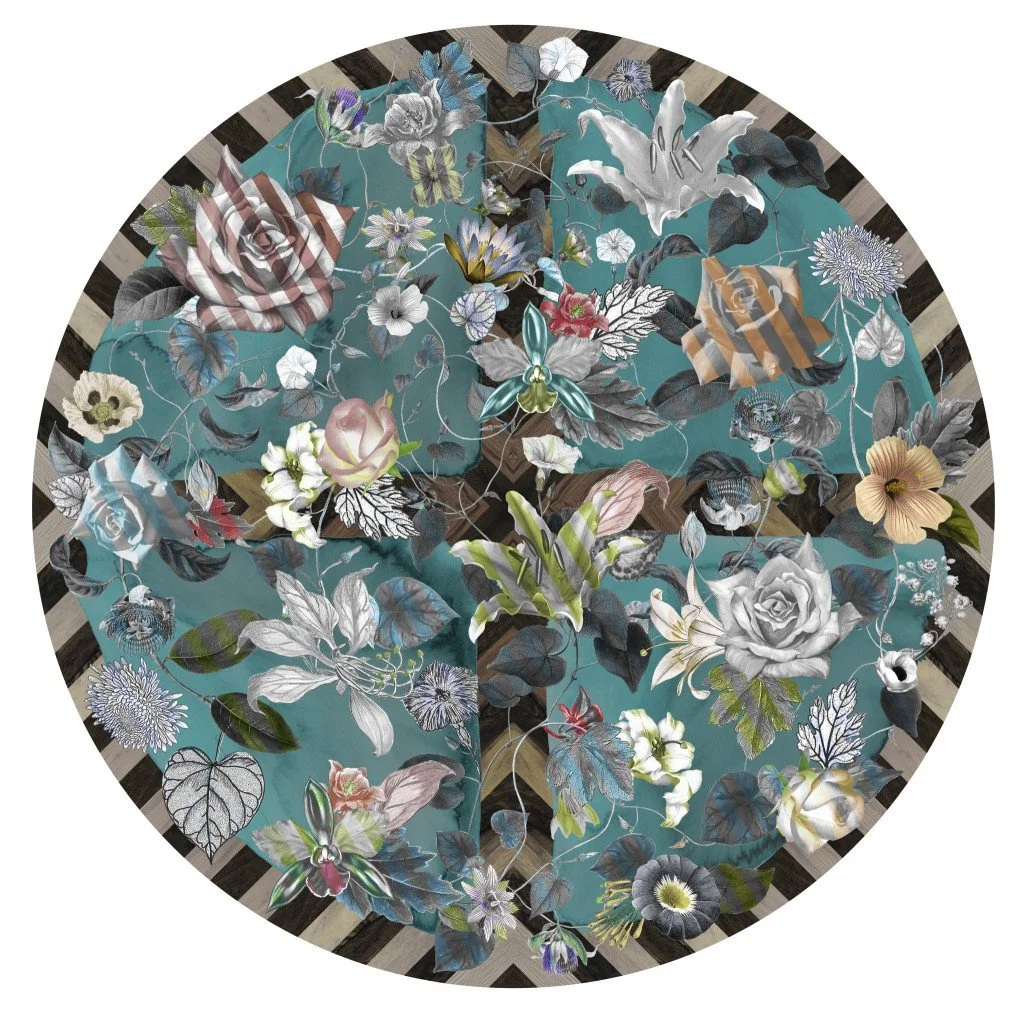 Moooi Carpets rug featuring a mix of colorful and monochrome flowers, leaves, and striped objects on a segmented teal and striped background, ideal for hospitality and commercial settings.