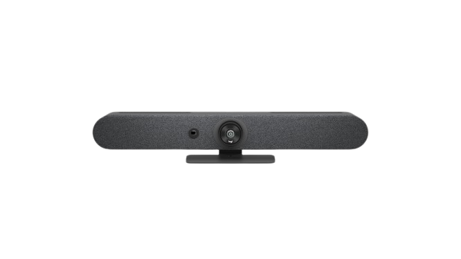 Front view of the Logitech Rally bar, a black video soundbar with a built-in camera and microphone for video conferencing.