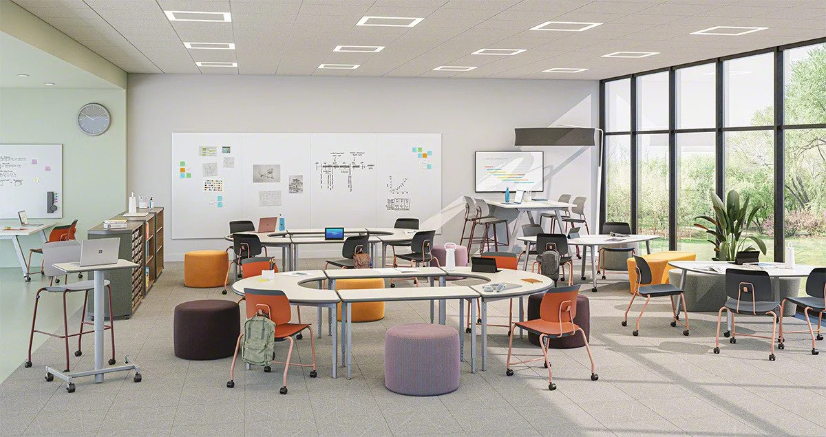Modern classroom with desk tables and chairs from Steelcase Learning.