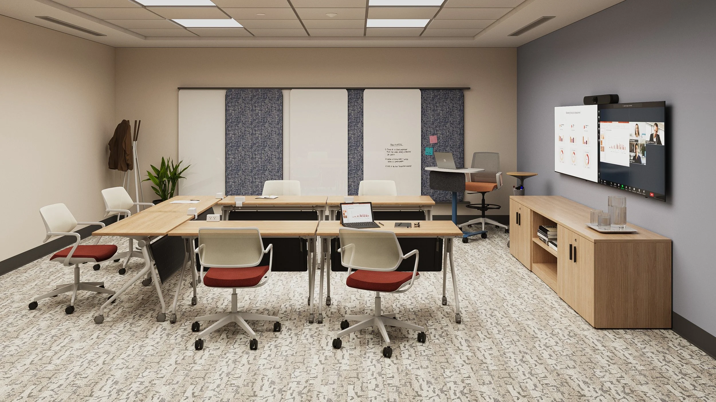 Conference room featuring a large rectangular table, office chairs, sideboard, wall-mounted screen displaying graphs, and a whiteboard, furnished with AMQ products.
