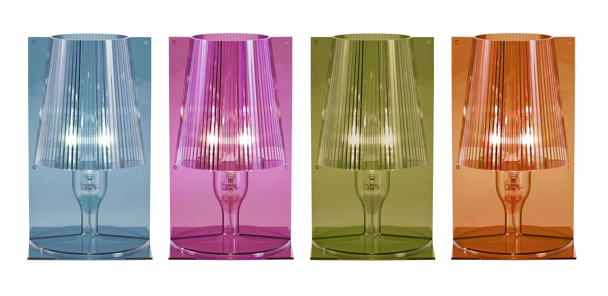 Set of four colorful Kartell glass table lamps in blue, pink, green, and amber, each featuring a pleated glass shade.