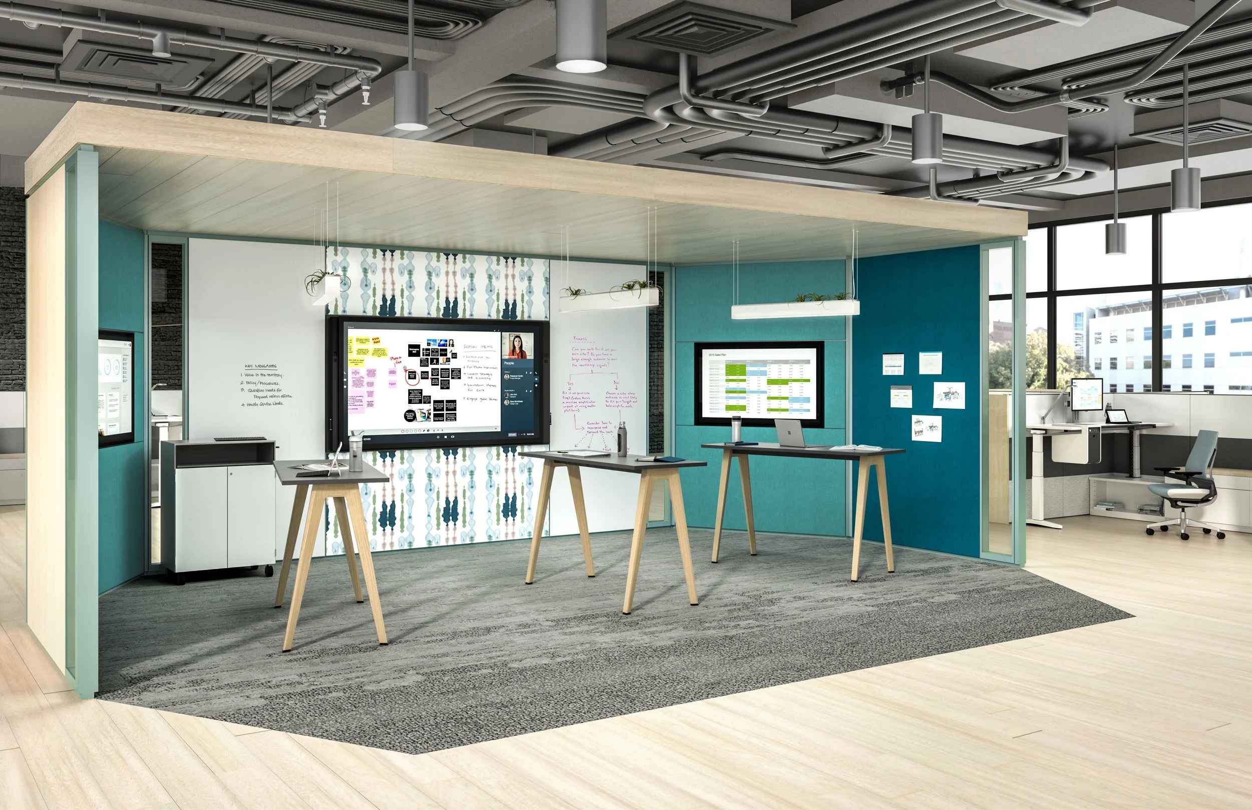Modern office meeting space with a large AV display equipped with Microsoft Teams Rooms technology, whiteboards, desks, and chairs.