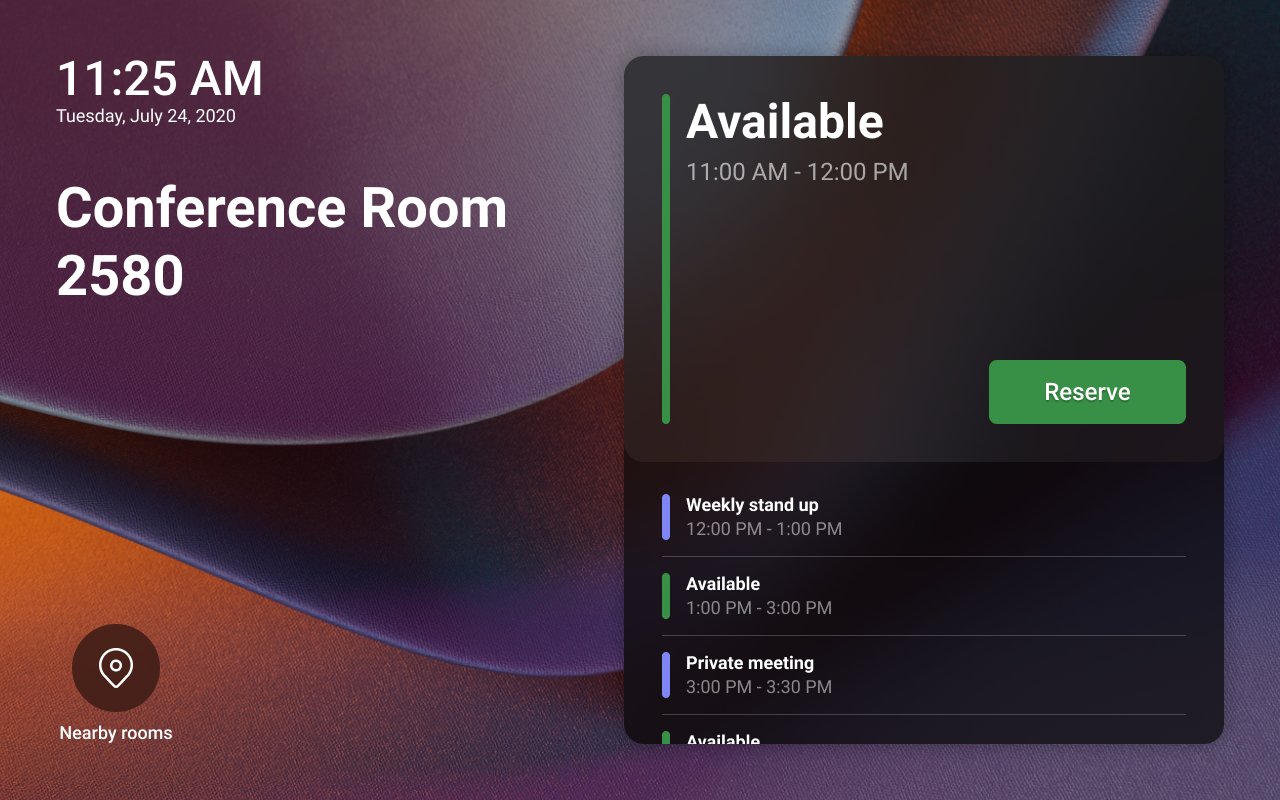 Digital screen showing conference room availability and schedule with time, date, and booking options through Microsoft Teams Rooms technology.