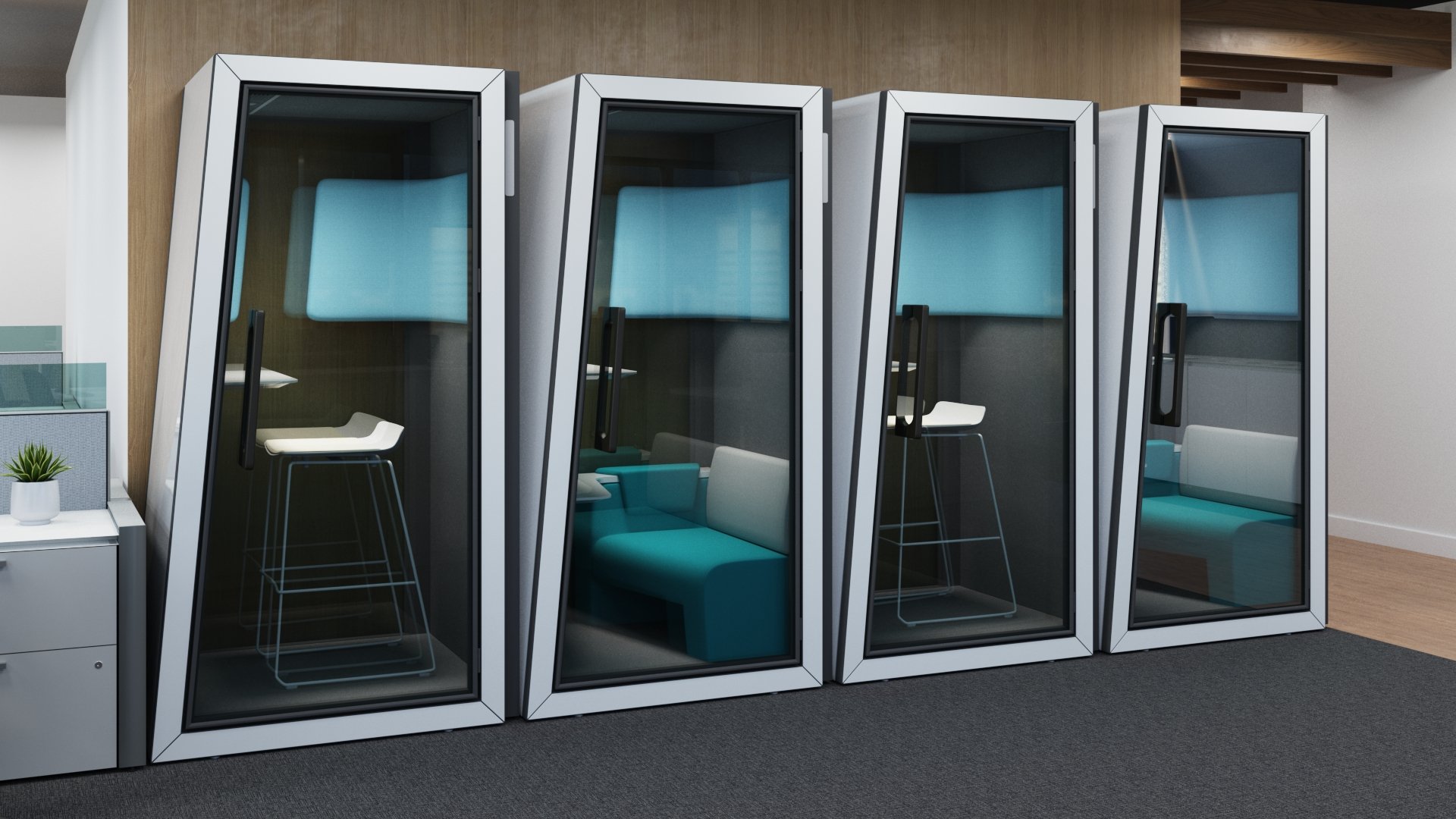 Four modern sound-dampening booths from Orangebox with glass doors and blue interiors, designed for calls or private meetings in an office, ideal for focused work.