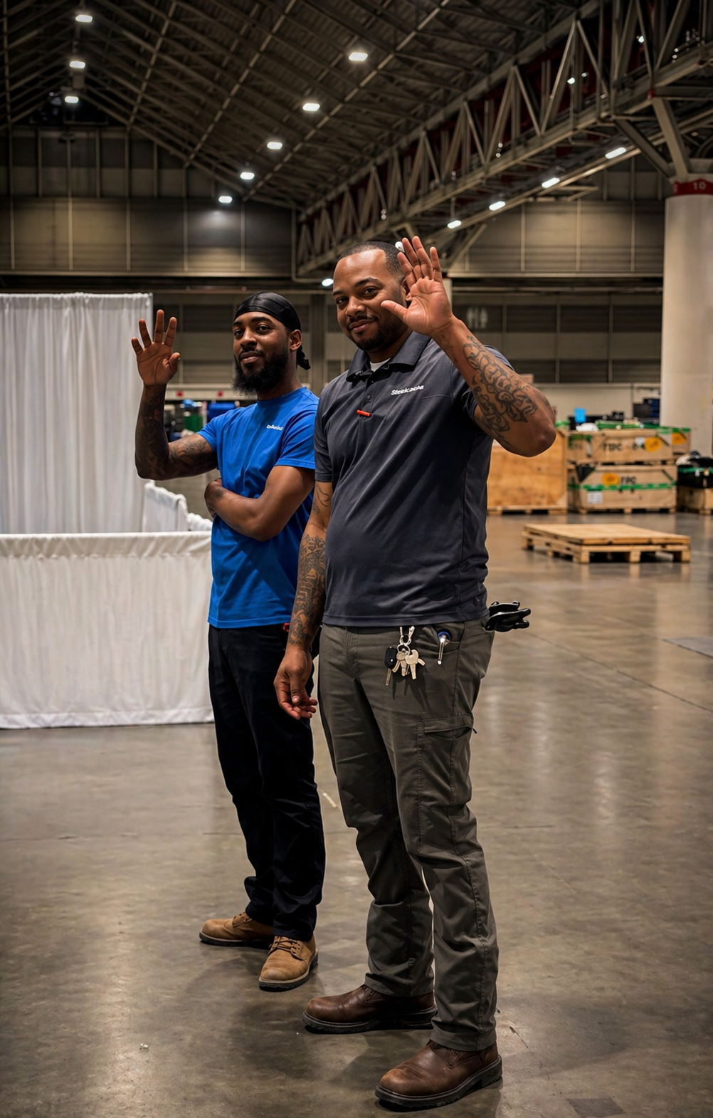 Two members of the New Orleans Workplace Solutions installation team standing inside a large warehouse, waving and smiling at the camera.