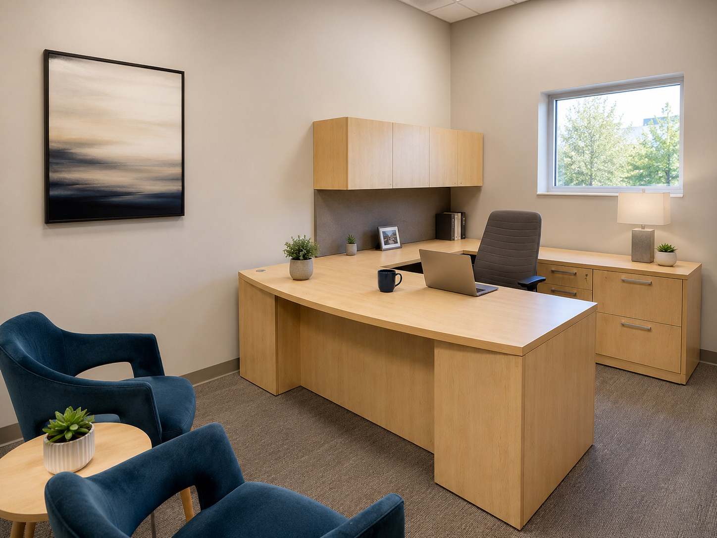 Modern office with wooden desk system and ergonomic chair.