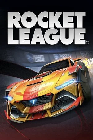 Rocket League logo with an orange and yellow sports car on a racing field background.