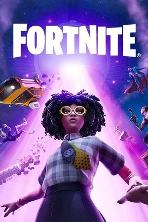 Fortnite logo with animated characters and a woman with curly hair and yellow glasses in the foreground.