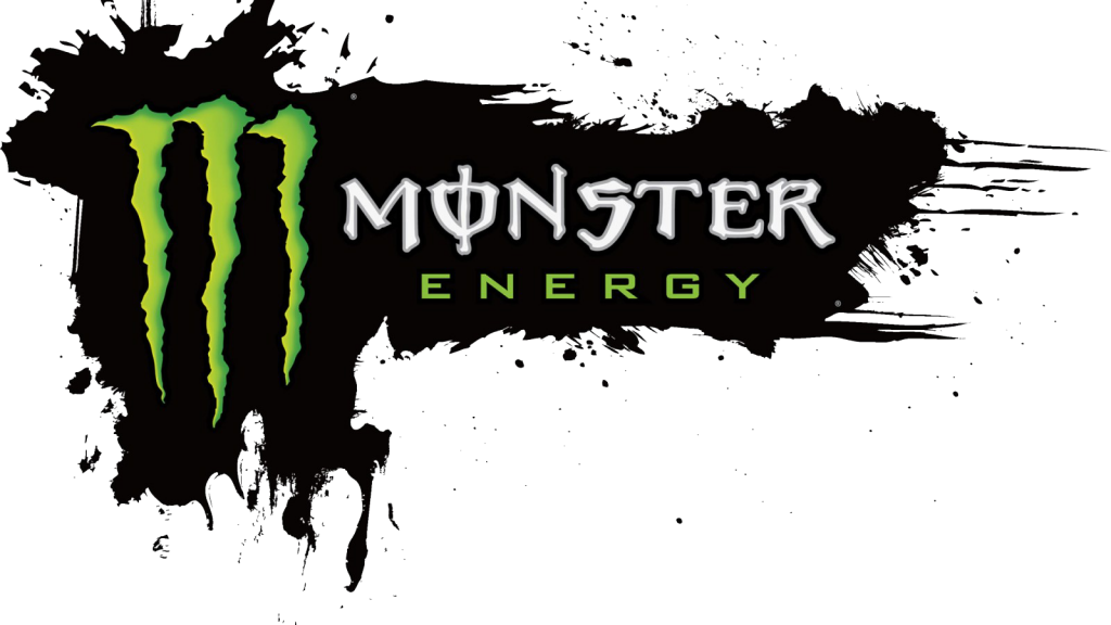 Monochrome logo for Monster Energy drink with a green clawed 'M' and the brand name in white and green text.