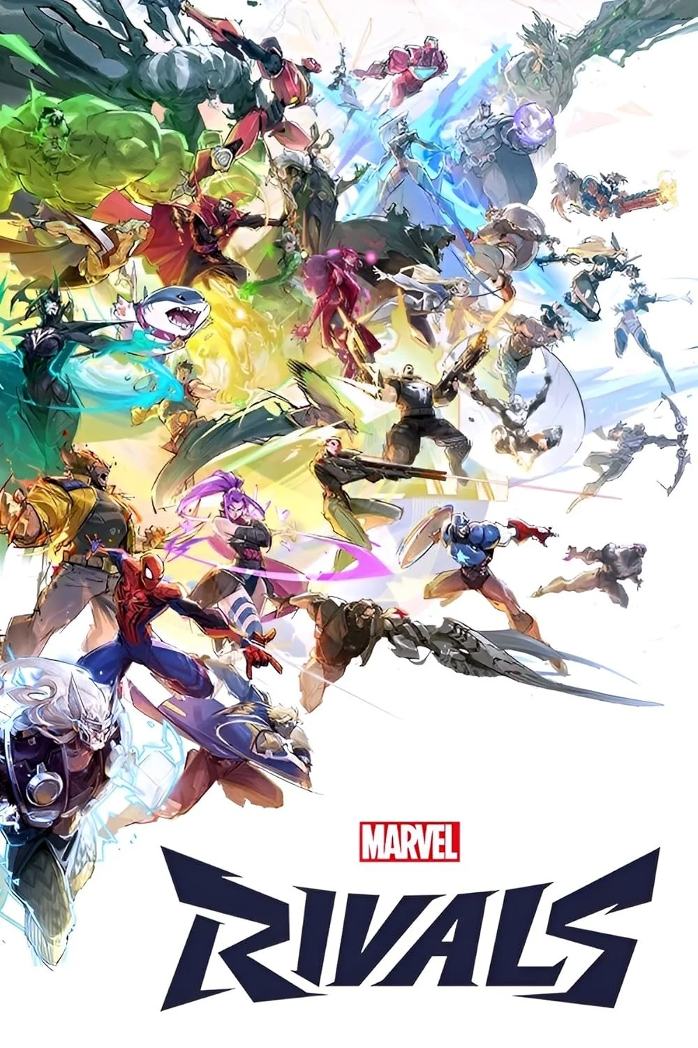A colorful illustration of various Marvel superheroes and villains in action poses, with the title 'Marvel Rivals' at the bottom.