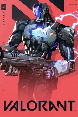 A futuristic robotic soldier in armor holding a large weapon, with lightning effects on its chest and headphones in a digital art style, with the title 'VALORANT' at the bottom.