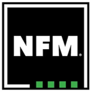 NFM logo with black background and white text, featuring four green dots at the bottom