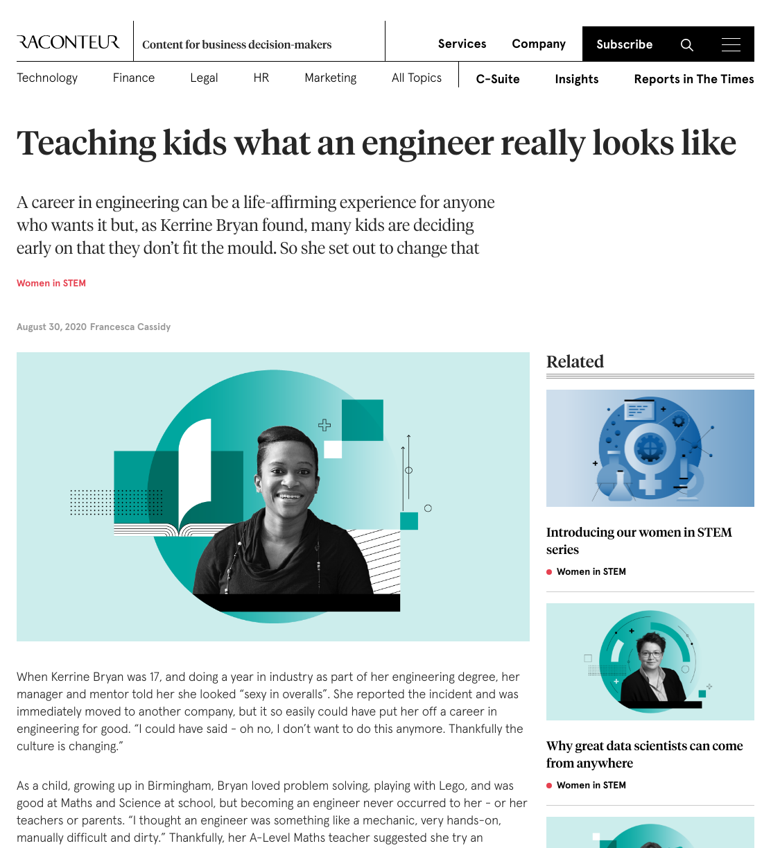 Article titled 'Teaching kids what an engineer really looks like' featuring a smiling woman of color in front of a graphic of an open book and geometric shapes, discussing encouraging girls in STEM.