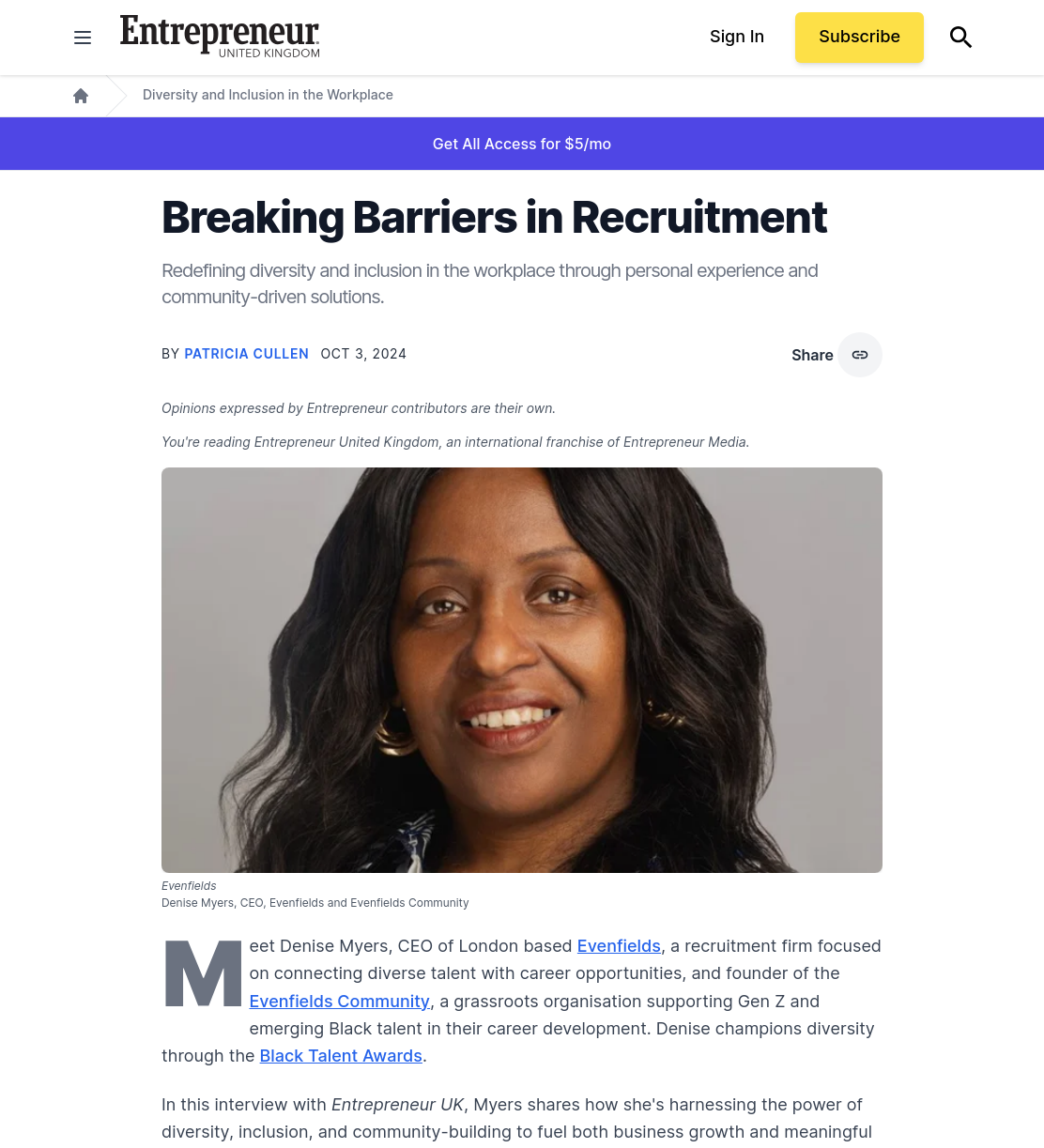 Headline of a web article titled "Breaking Barriers in Recruitment" with a photograph of Denise Myers, a Black woman with long, wavy black hair, smiling, wearing earrings, and a dark top. The article discusses diversity, inclusion, and community-building in the workplace.