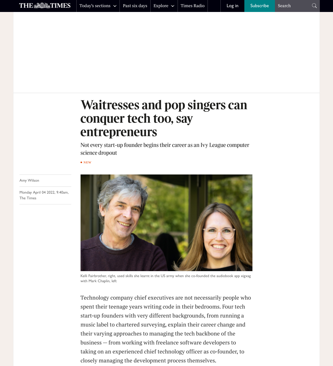 Screenshot of a news article titled 'Waitresses and pop singers can conquer tech too, say entrepreneurs' from The Times, featuring a photo of Kelli Fairbrother, a woman with long brown hair and glasses, smiling alongside a man with gray hair, both outdoors.