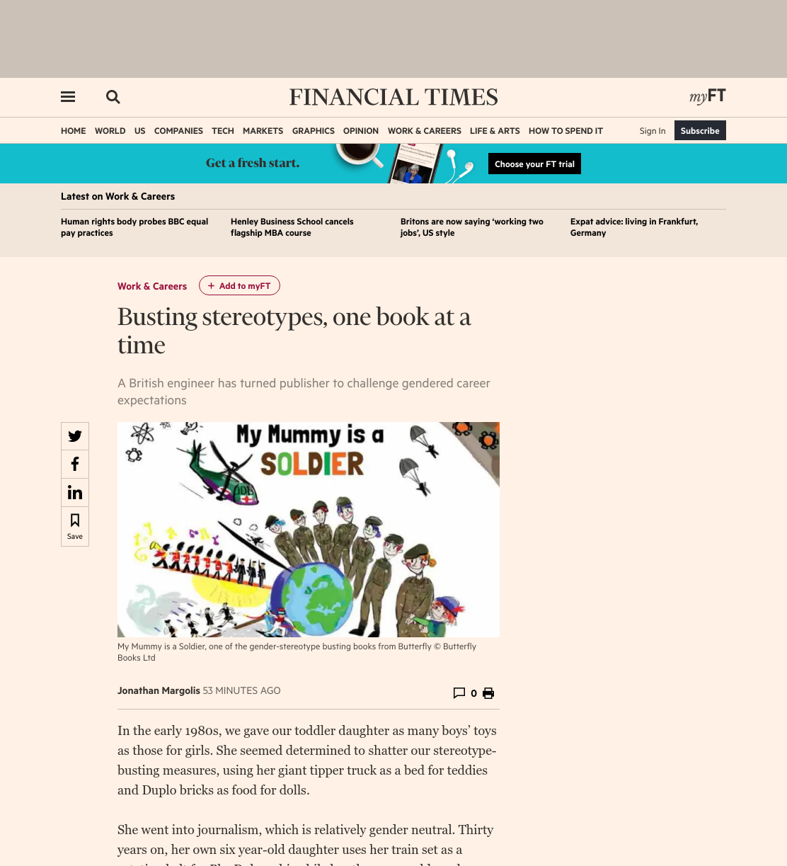 Screenshot of a news article from the Financial Times titled 'Busting stereotypes, one book at a time', featuring an illustration of a girl in military uniform, a globe, and children in uniform, with children parachuting from helicopters and airplanes.