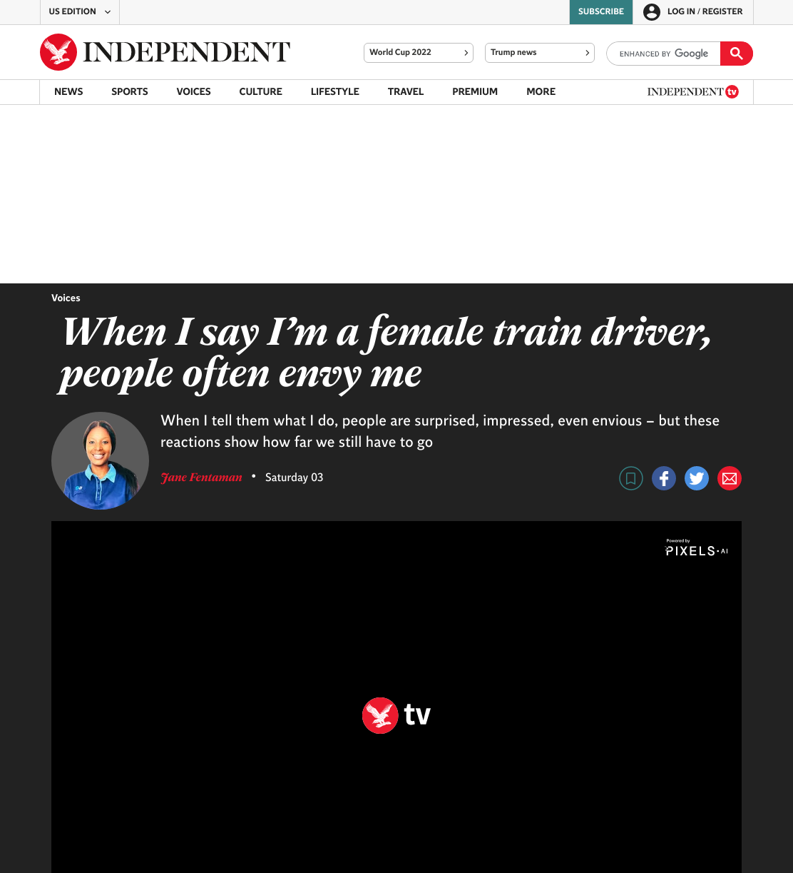 Screenshot of an article on the Independent website featuring a story titled ‘When I say I’m a female train driver, people often envy me’ with a photo of Jane Fentiman, a woman in a blue uniform, and social sharing icons.